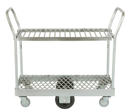 display of Heavy Duty Platform Stock Double Decks Hand Trolley with 6 Wheels for Commercial Sites and Warehouses