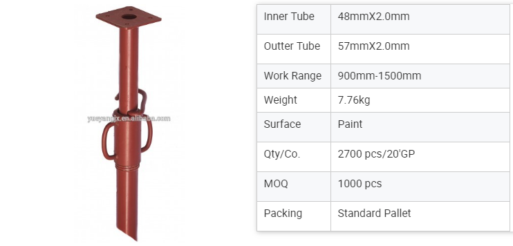 Parameters of Portable Adjustable Shoring Prop For Formwork Support