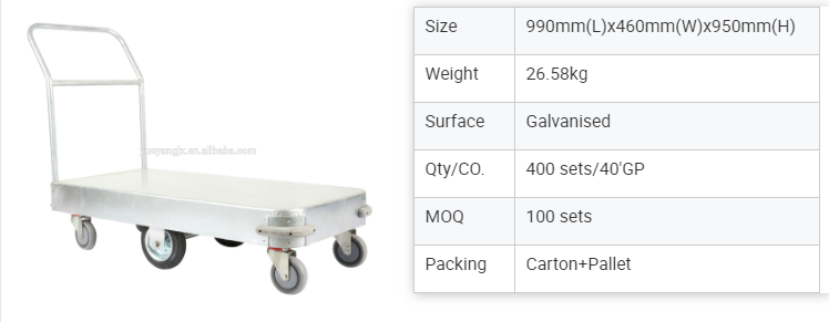 Parameters of Galvanised steel hand trolley for use on commercial sites and warehouses